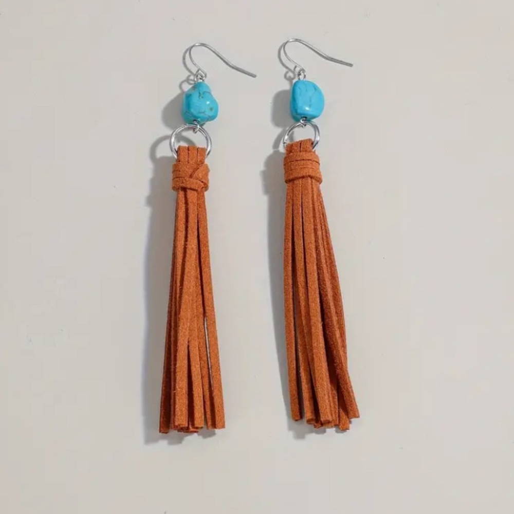 NEW Tassel Western Turquoise color stone dangle Earrings Boho Style - Boutique